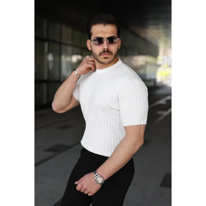 Erkek Fitilli Bisiklet Yaka Kısa Kollu Tişört