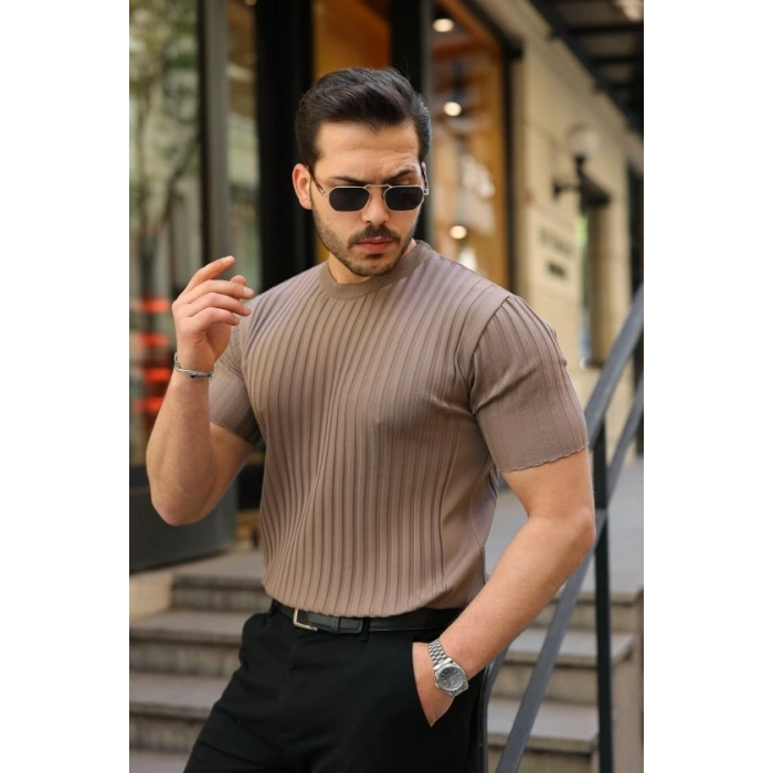 Erkek Fitilli Bisiklet Yaka Kısa Kollu Tişört
