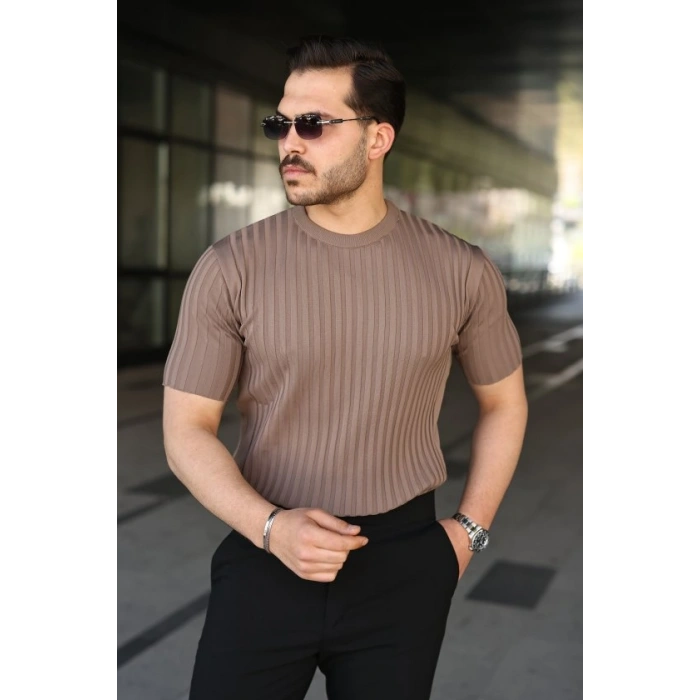 Erkek Fitilli Bisiklet Yaka Kısa Kollu Tişört