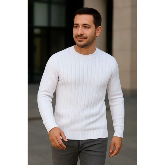 Erkek Fitilli Triko Bisiklet Yaka Kalın Kazak 4lü Set Beyaz-Bebek Mavisi-Gri-Siyah