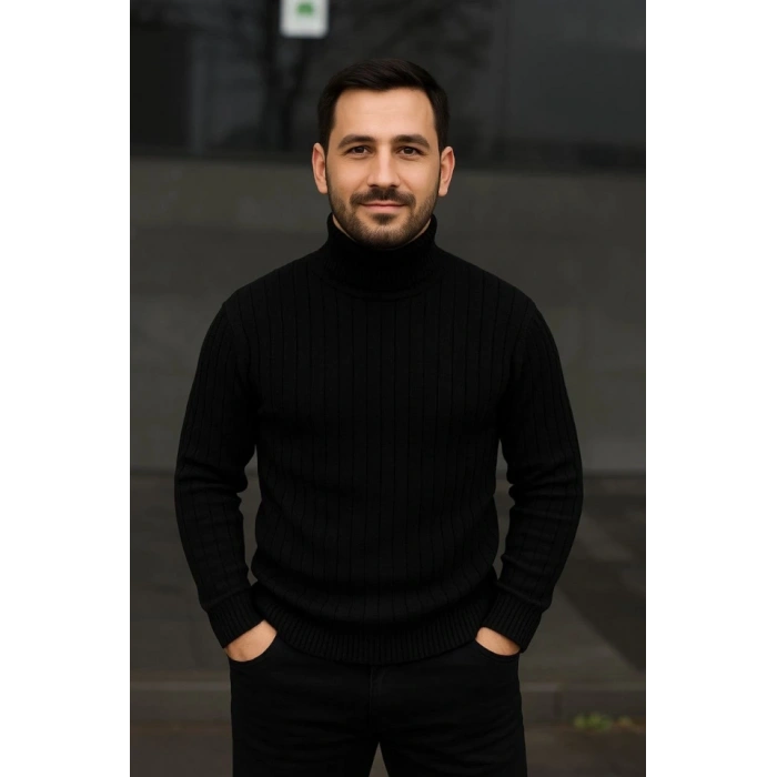 Erkek Fitilli Triko Kazak 2li Set Bej Siyah Regular Balıkcı Yaka Tam Boğazlı Triko Seti Modeli Kazak