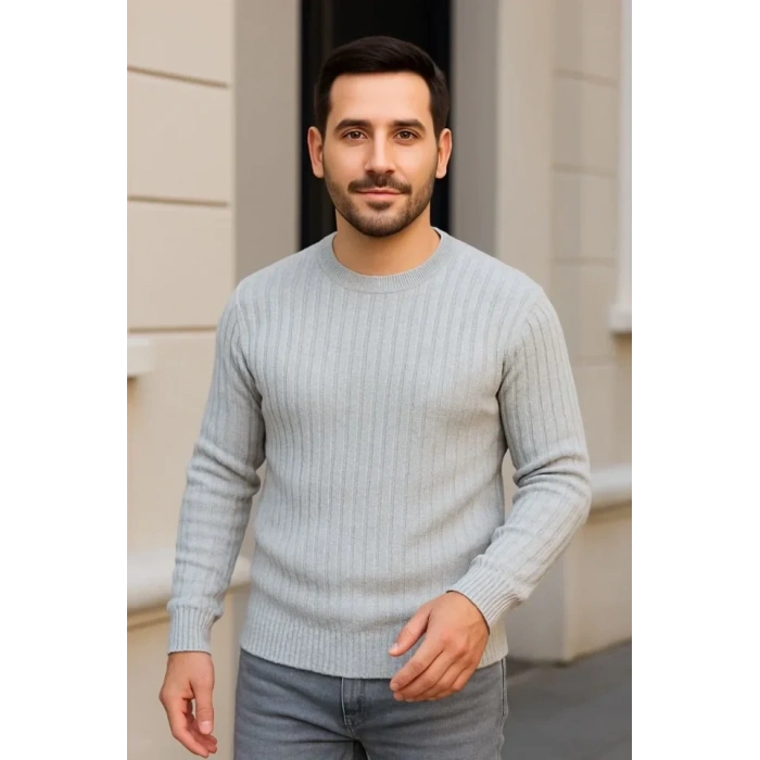 Erkek Fitilli Triko Kazak 3lü Set Gri Haki Siyah Regular Fit Bisiklet Yaka Triko Seti Modeli Kazak