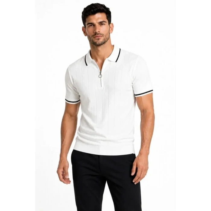 Erkek Fitilli Triko T-shirt Polo Yaka Yarım Fermuarlı Kısa Kollu Tişört - Beyaz