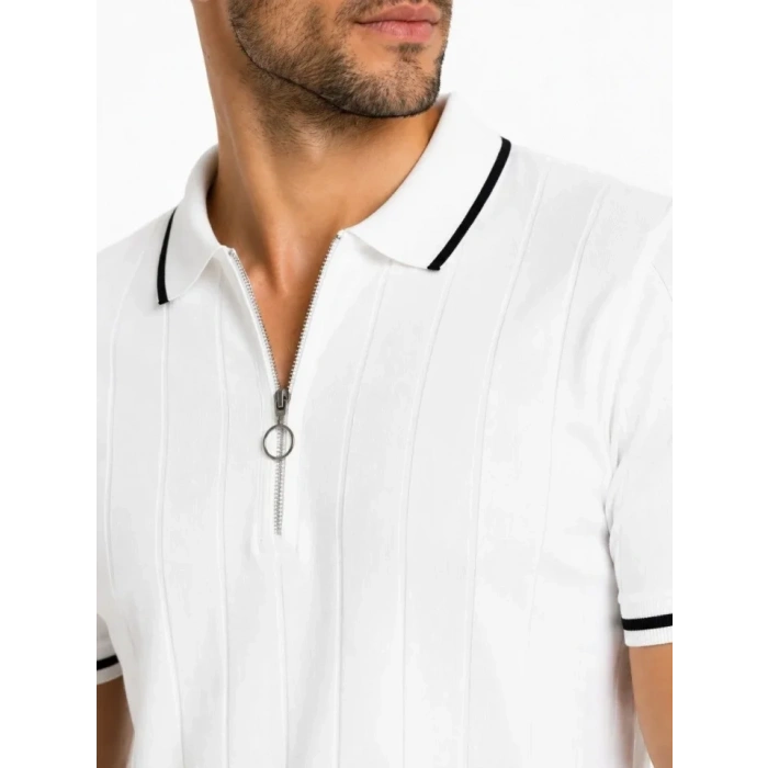 Erkek Fitilli Triko T-shirt Polo Yaka Yarım Fermuarlı Kısa Kollu Tişört - Beyaz