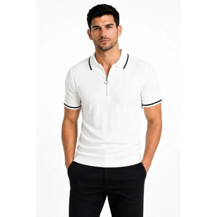 Erkek Fitilli Triko T-shirt Polo Yaka Yarım Fermuarlı Kısa Kollu Tişört - Beyaz