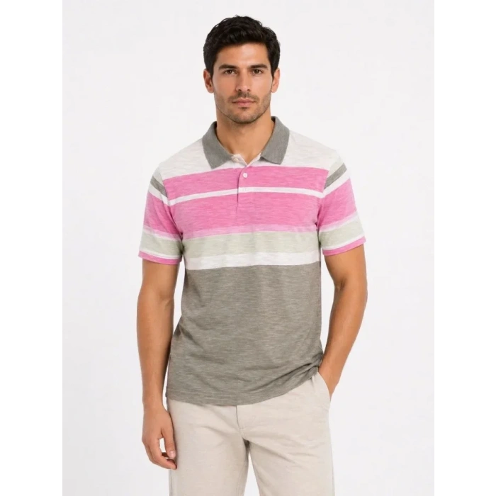 Erkek Flamlı Penye Çizgili Polo Yaka Tişört Kısa Kol Yazlık T-Shirt - Gri
