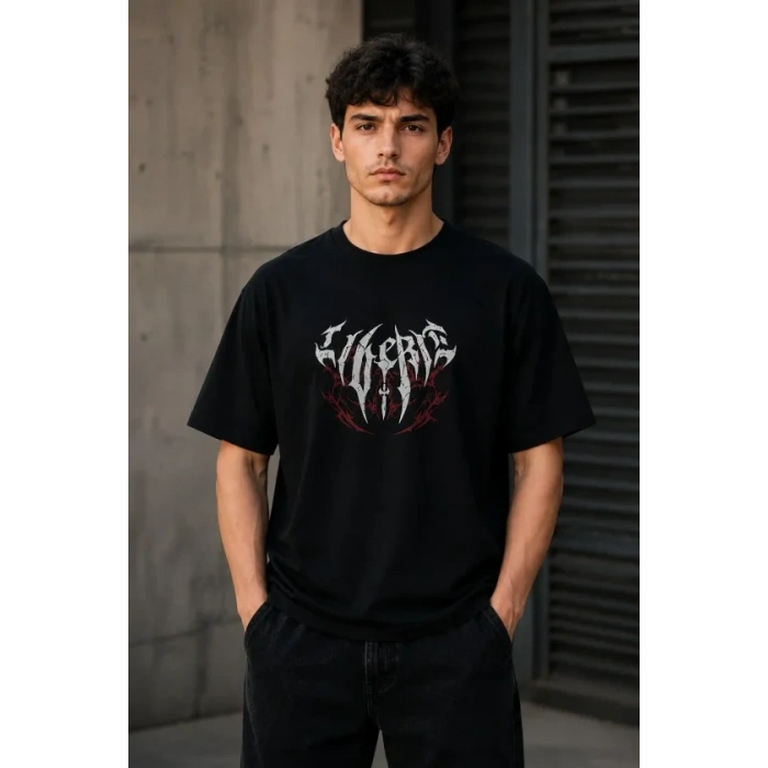 Erkek Gotik Yazı Baskılı Oversize Bisiklet Yaka T-Shirt - Siyah