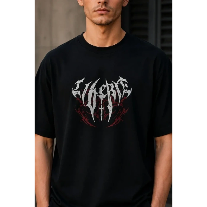 Erkek Gotik Yazı Baskılı Oversize Bisiklet Yaka T-Shirt - Siyah
