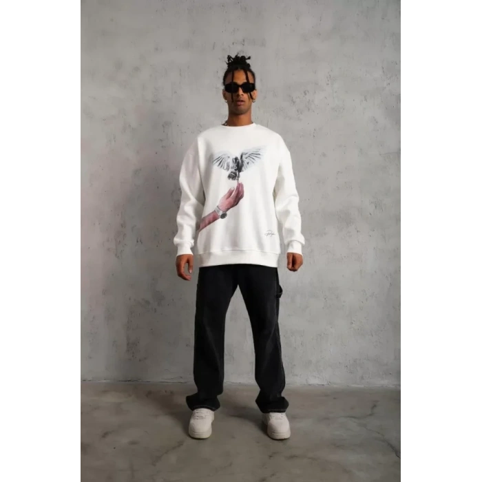 Erkek Güvercin Baskılı Sweatshirt - Beyaz