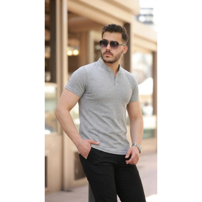 Erkek Hakim Yaka Dokuma Pamuklu Kumaş Kısa Kollu T-shirt