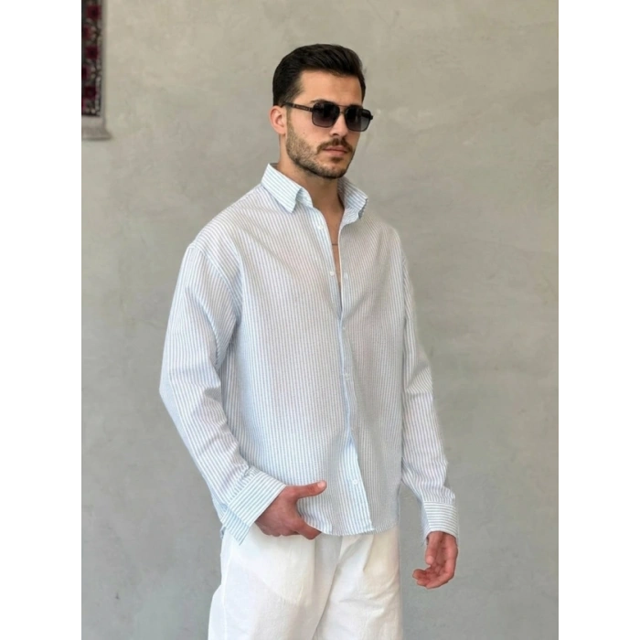 Erkek İnce Çizgili Gofre Kumaş Rahat Kalıp Gömlek