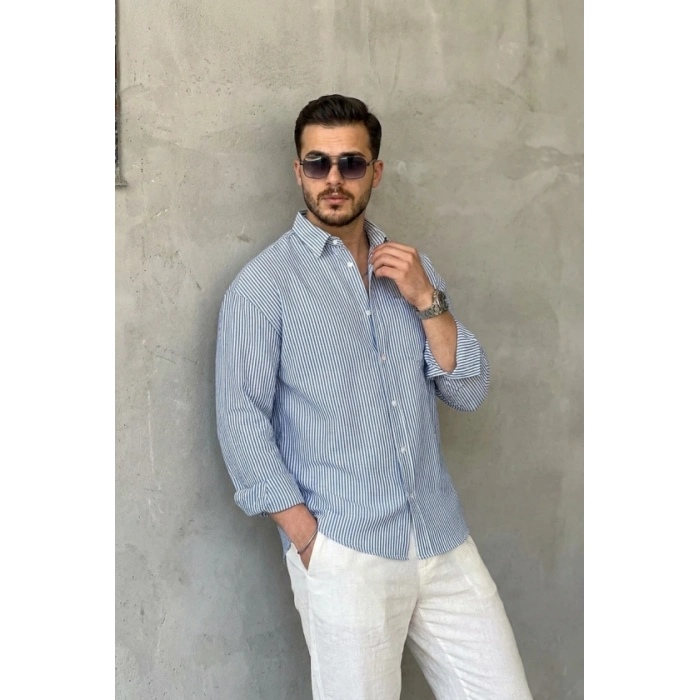 Erkek İnce Çizgili Gofre Kumaş Rahat Kalıp Gömlek