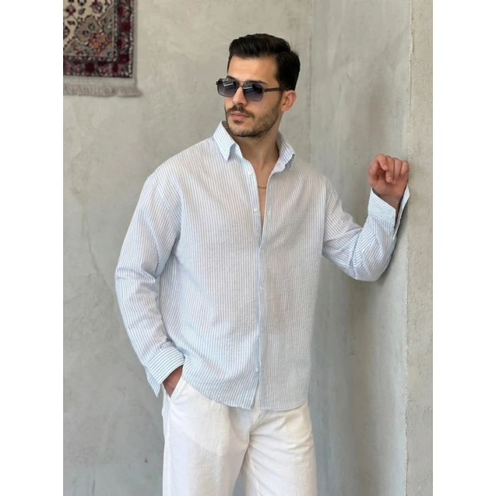 Erkek İnce Çizgili Gofre Kumaş Rahat Kalıp Gömlek