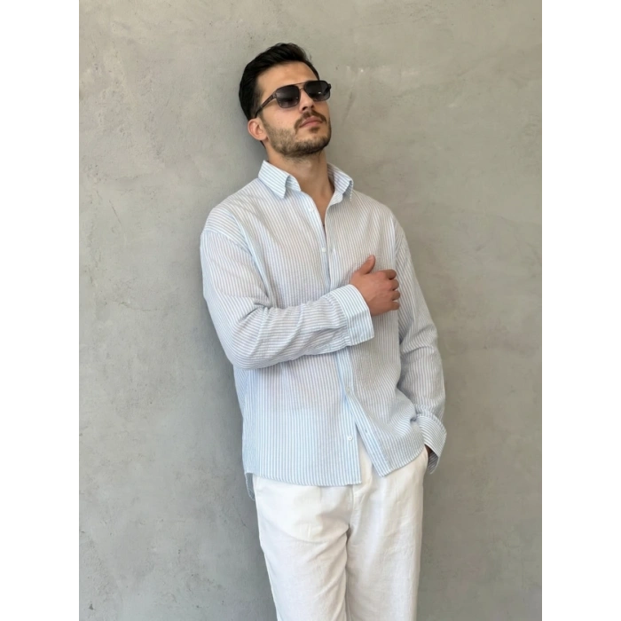 Erkek İnce Çizgili Gofre Kumaş Rahat Kalıp Gömlek