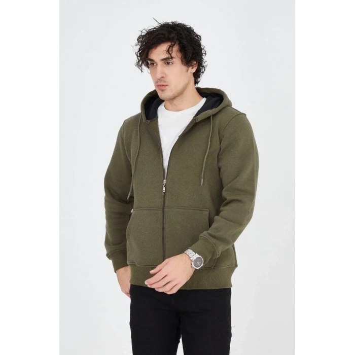 Erkek Kapüşonlu Düz Fermuarlı Hırka - Yeşil