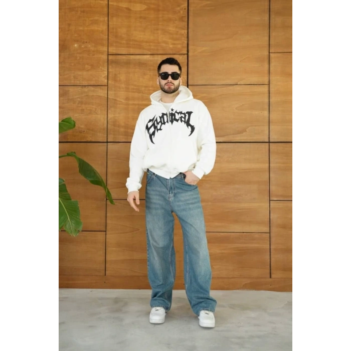 Erkek Kapüşonlu Sweatshirt Hoodie 3 İplik Şardonlu Pamuklu Kumaş, Önü Baskılı, Fermuarlı Rahat Kalıp, Kışlık Ve Sokak Stili Sweat - Beyaz