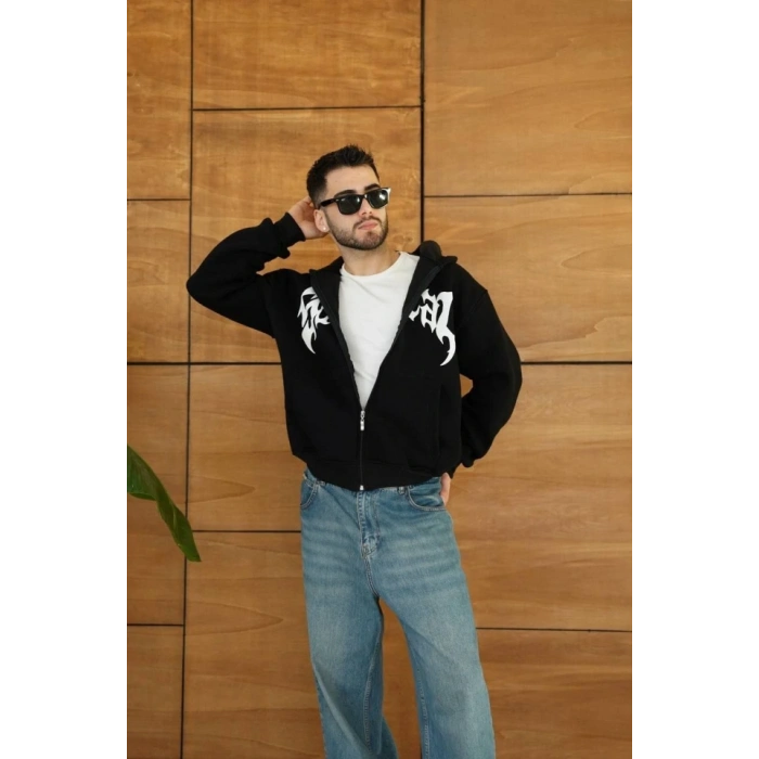 Erkek Kapüşonlu Sweatshirt  Hoodie 3 İplik Şardonlu Pamuklu Kumaş, Önü Baskılı, Fermuarlı Rahat Kalıp, Kışlık Ve Sokak Stili Sweat - Siyah