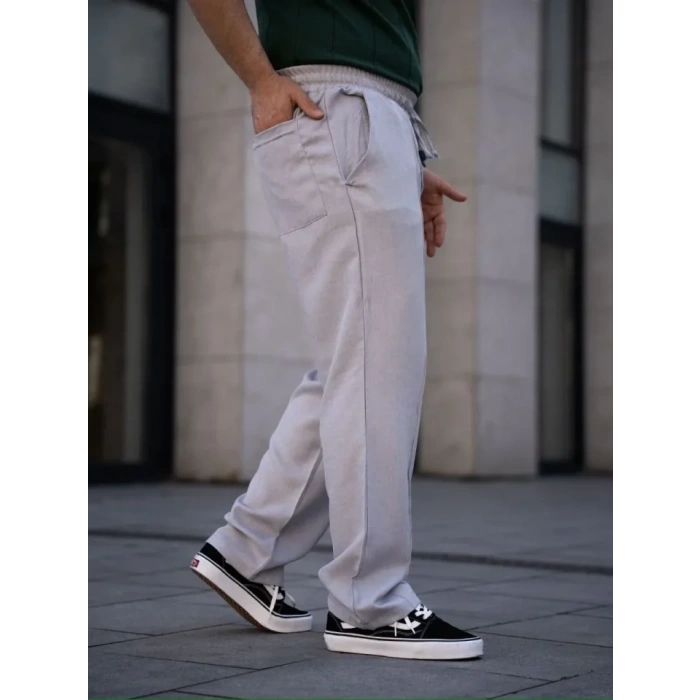 Erkek Keten Cepli Çıma Dikişli Jogger Buggy Pantalon Rahat Kalıp - Gri