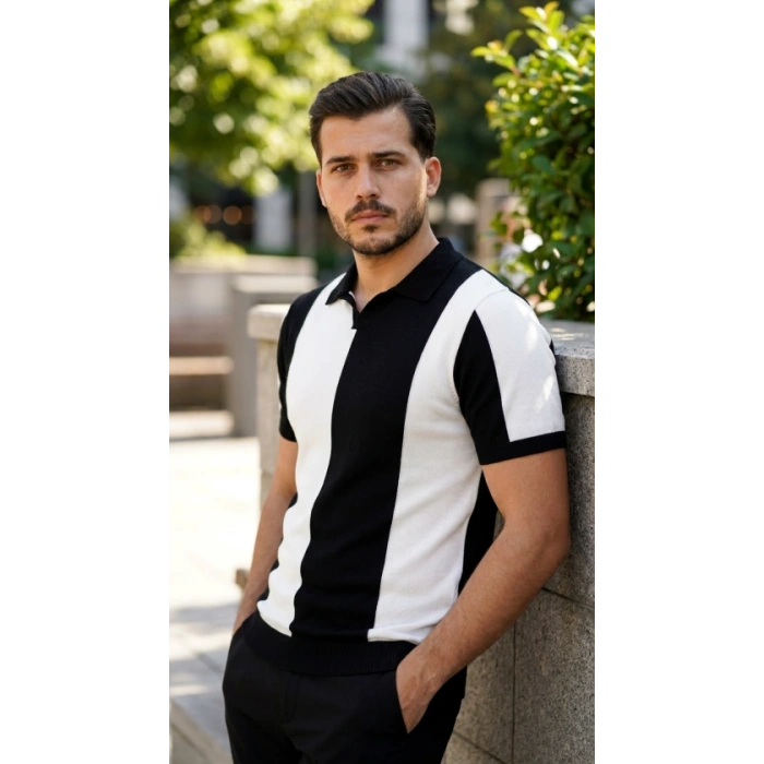 Erkek Kısa Kollu Polo Yakalı Blok Desenli Triko Bluz