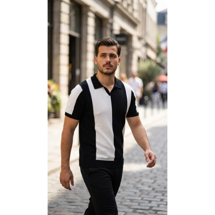 Erkek Kısa Kollu Polo Yakalı Blok Desenli Triko Bluz