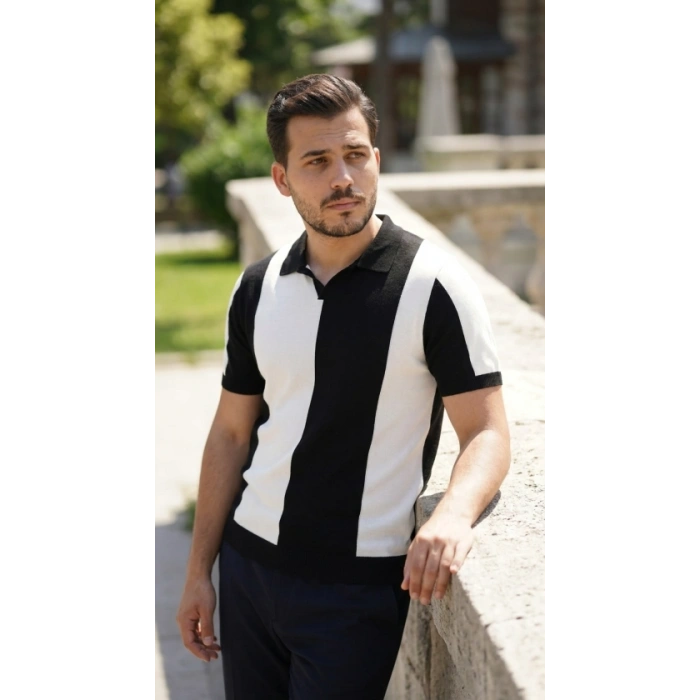 Erkek Kısa Kollu Polo Yakalı Blok Desenli Triko Bluz