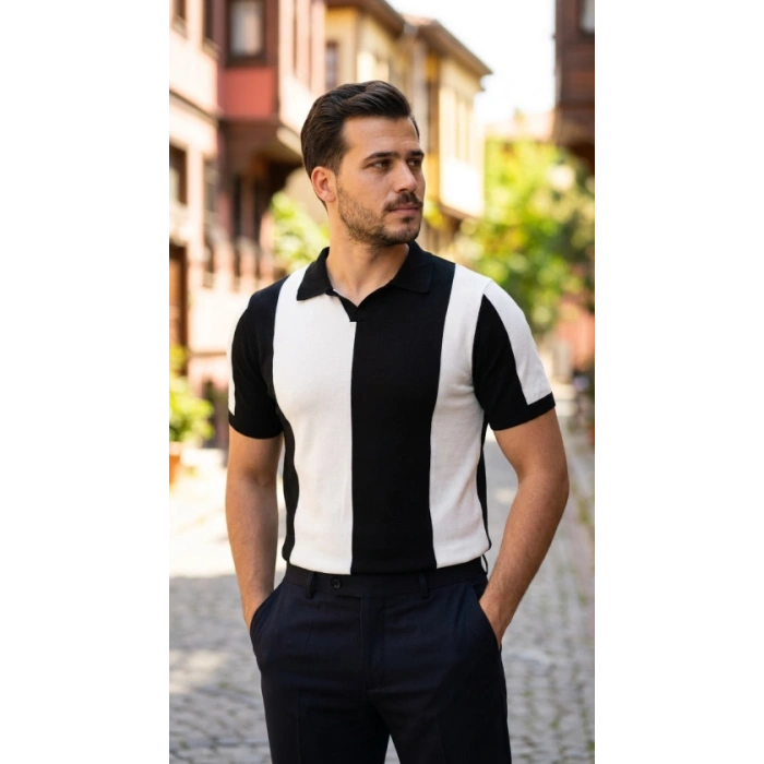 Erkek Kısa Kollu Polo Yakalı Blok Desenli Triko Bluz