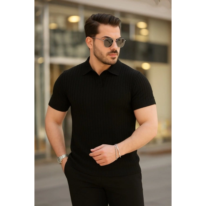 Erkek Kısa Kollu Yakalı çizgi Desenli Triko Bluz