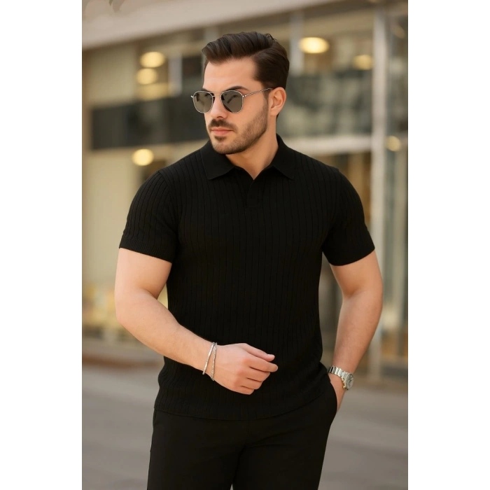 Erkek Kısa Kollu Yakalı çizgi Desenli Triko Bluz