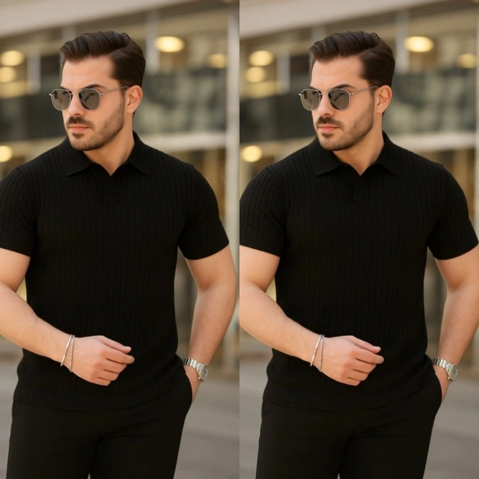 Erkek Kısa Kollu Yakalı çizgi Desenli Triko Bluz