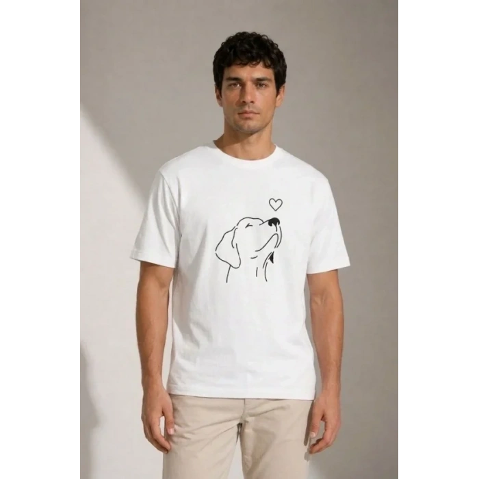 Erkek Köpek Figürlü Minimal Baskılı Tişört Kısa Kol Yazlık T-Shirt - Beyaz