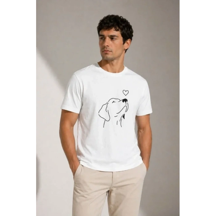 Erkek Köpek Figürlü Minimal Baskılı Tişört Kısa Kol Yazlık T-Shirt - Beyaz