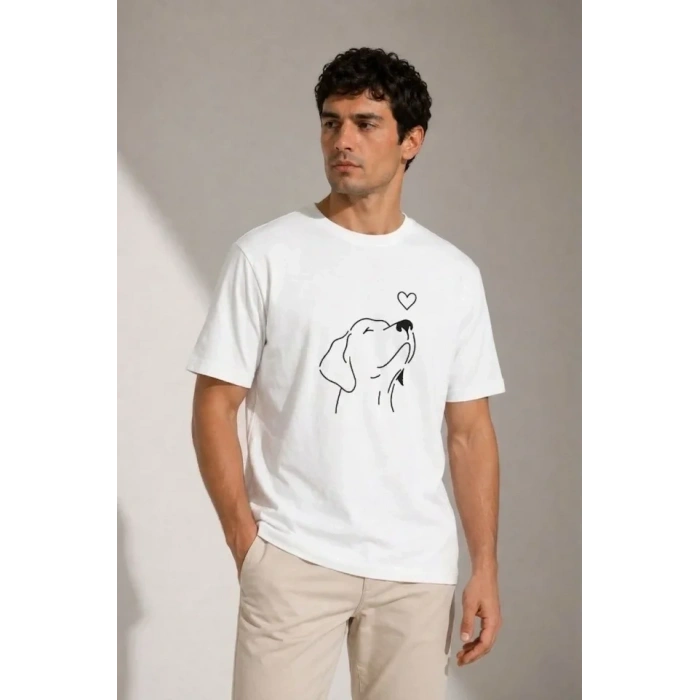 Erkek Köpek Figürlü Minimal Baskılı Tişört Kısa Kol Yazlık T-Shirt - Beyaz