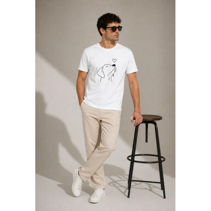 Erkek Köpek Figürlü Minimal Baskılı Tişört Kısa Kol Yazlık T-Shirt - Beyaz