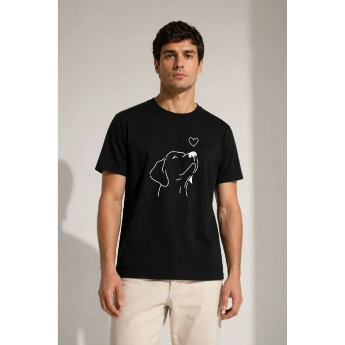 Erkek Köpek Figürlü Minimal Baskılı Tişört Kısa Kol Yazlık T-Shirt - Siyah
