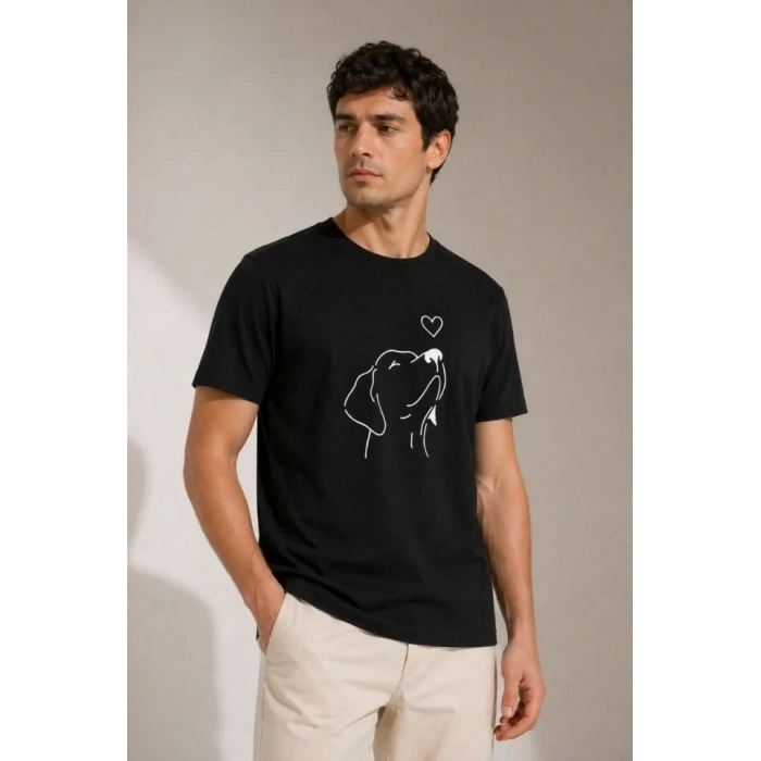 Erkek Köpek Figürlü Minimal Baskılı Tişört Kısa Kol Yazlık T-Shirt - Siyah