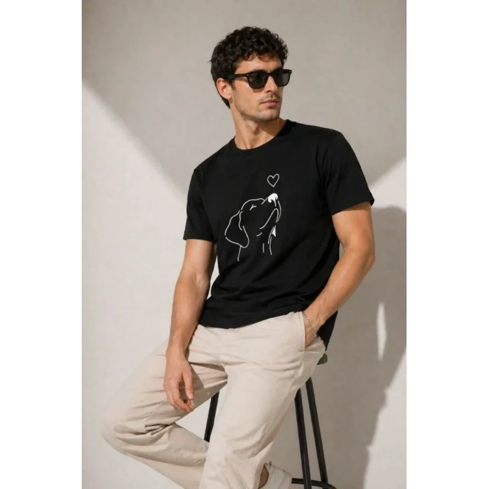 Erkek Köpek Figürlü Minimal Baskılı Tişört Kısa Kol Yazlık T-Shirt - Siyah