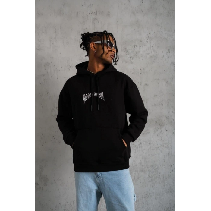 Erkek Kordon İpli Baskılı Kapüşonlu Sweatshirt - Siyah