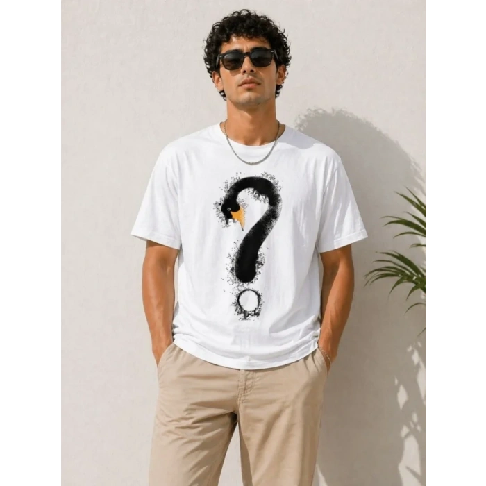 Erkek Kuğu Figürlü Soru İşareti Baskılı Tişört Kısa Kol T-Shirt - Beyaz