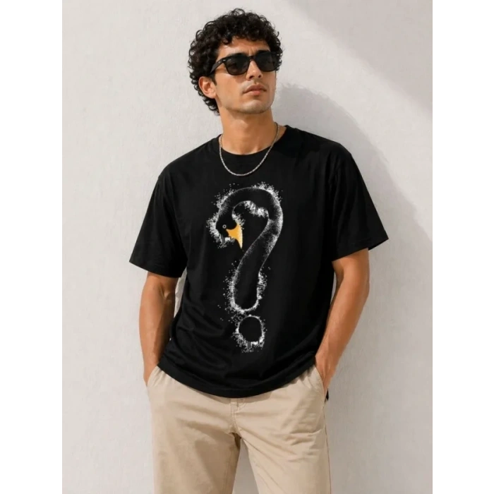 Erkek Kuğu Figürlü Soru İşareti Baskılı Tişört Kısa Kol T-Shirt - Siyah