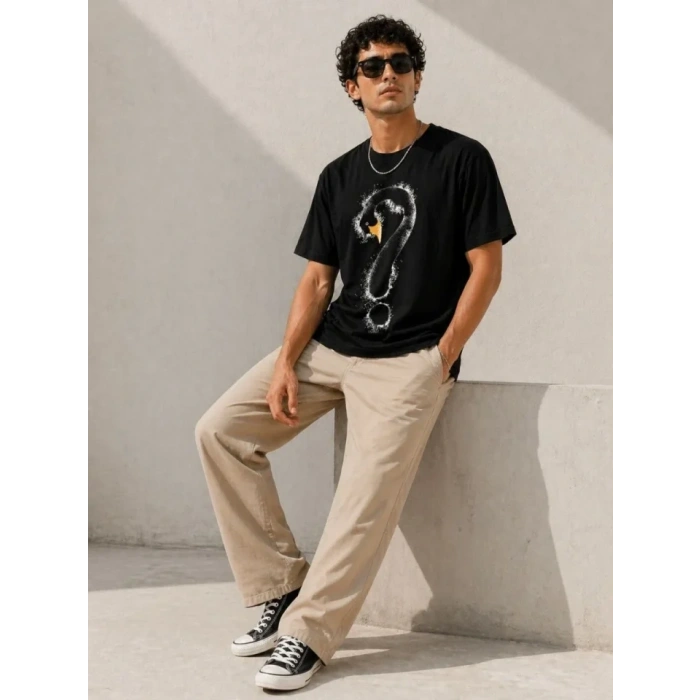 Erkek Kuğu Figürlü Soru İşareti Baskılı Tişört Kısa Kol T-Shirt - Siyah