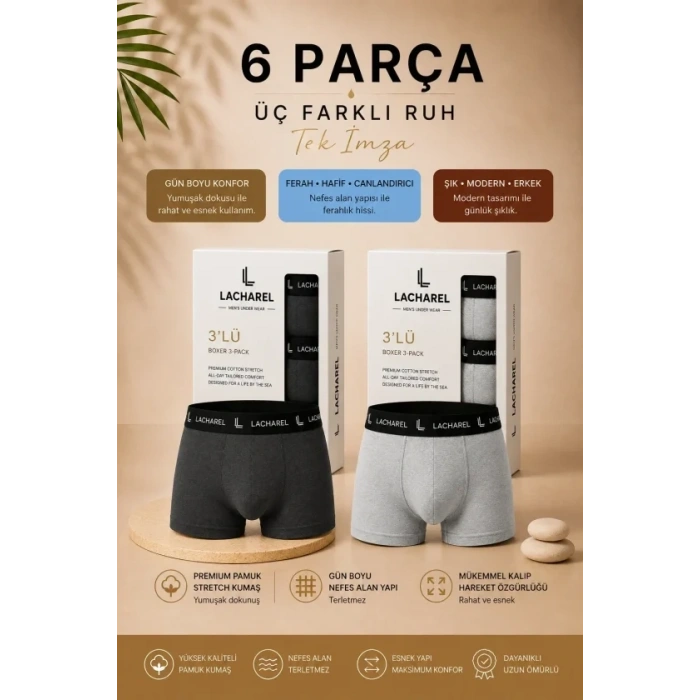 Erkek Likralı Pamuklu Nefes Alan Penye 6 Adet Boxer - Füme - Gri