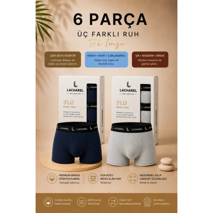 Erkek Likralı Pamuklu Nefes Alan Penye 6 Adet Boxer - Lacivert - Gri