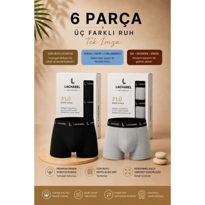 Erkek Likralı Pamuklu Nefes Alan Penye 6 Adet Boxer - Siyah - Gri