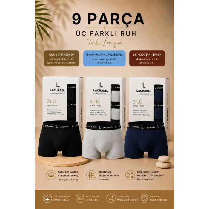 Erkek Likralı Pamuklu Nefes Alan Penye 9 Adet Boxer - Siyah - Gri - Lacivert