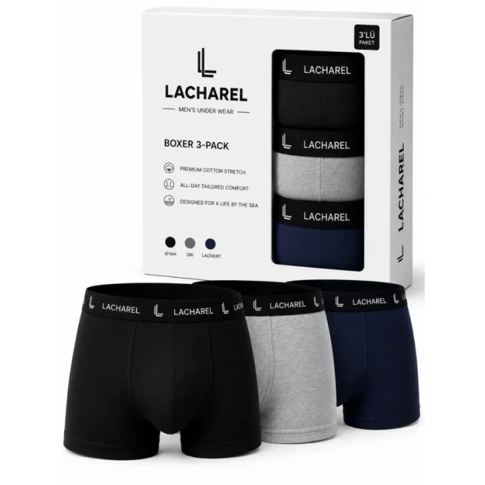 Erkek Likralı Pamuklu Nefes Alan Penye Boxer 3lü Paket - Siyah - Gri - Lacivert