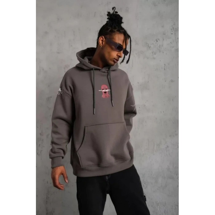 Erkek Maske Baskılı Kapüşonlu Sweat - Gri