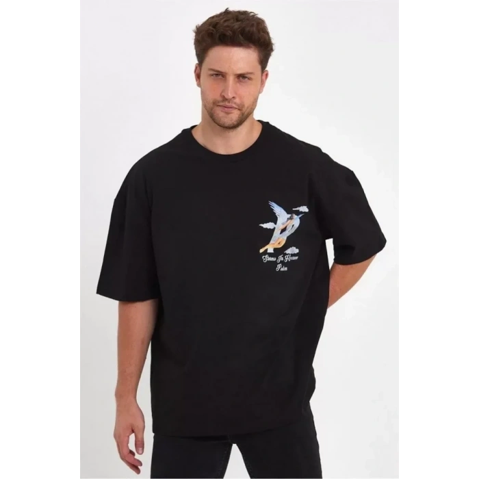 Erkek Melek Baskılı Oversize T-shirt - Siyah