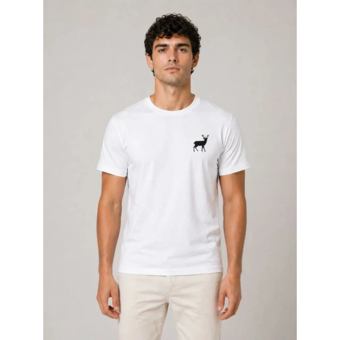 Erkek Minimal Geyik Logolu Tişört Bisiklet Yaka Kısa Kol Yazlık T-Shirt - Beyaz