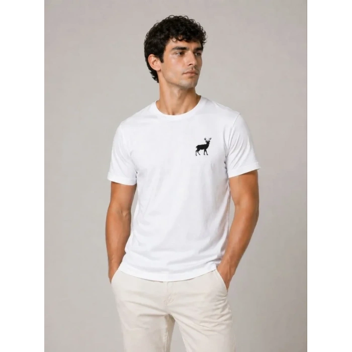 Erkek Minimal Geyik Logolu Tişört Bisiklet Yaka Kısa Kol Yazlık T-Shirt - Beyaz