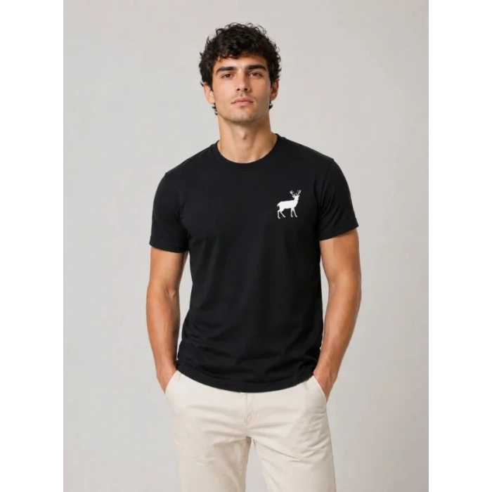 Erkek Minimal Geyik Logolu Tişört Bisiklet Yaka Kısa Kol Yazlık T-Shirt - Siyah
